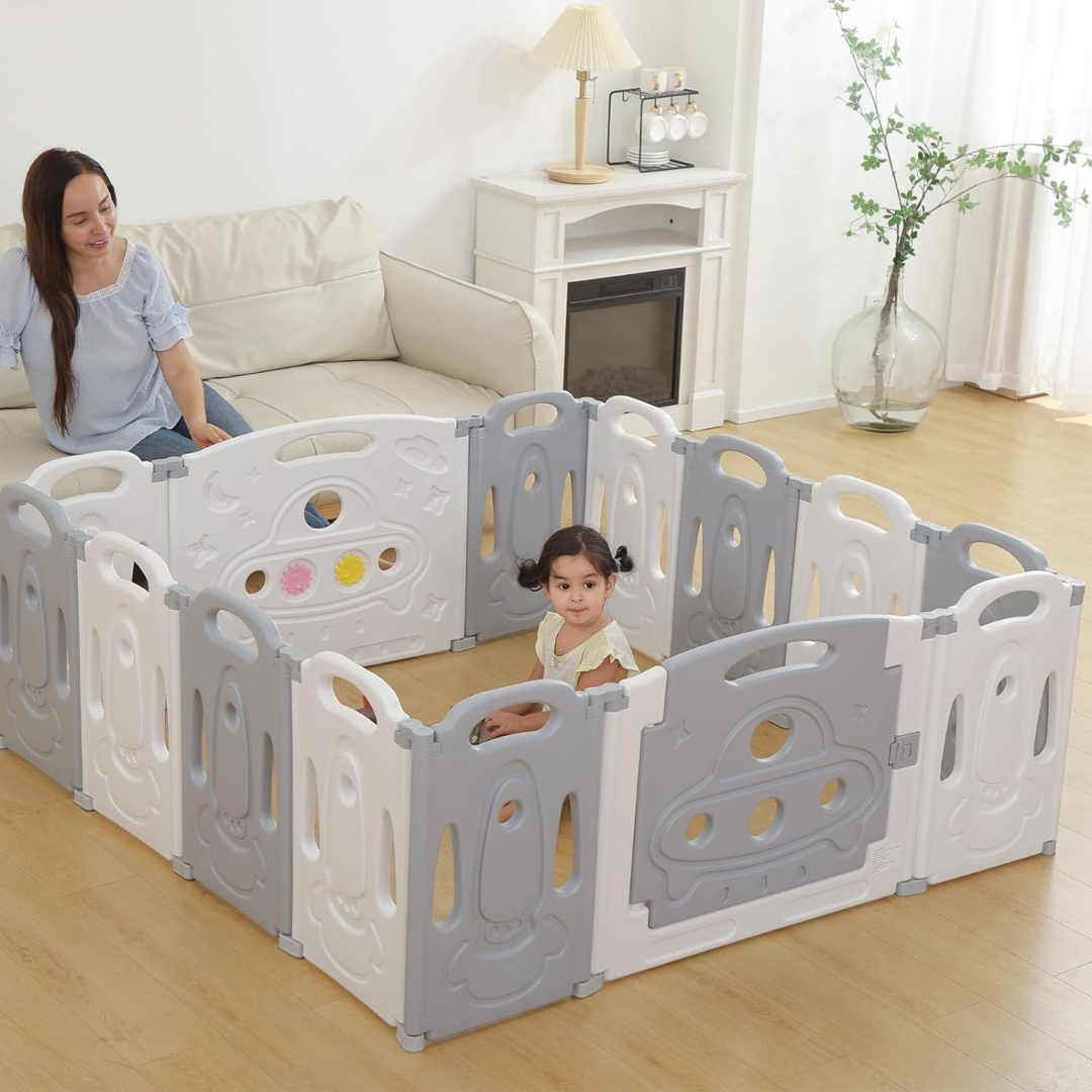 Gupamiga Zusammenklappbarer Baby-Laufstall, zusammenklappbarer Laufstall für Kinder, Baby-Aktivitätszentrum, Sicherheitsspiel, Hof, neues Zuhause, drinnen und draußen (faltbares Universum-Set, 14 Paneele)