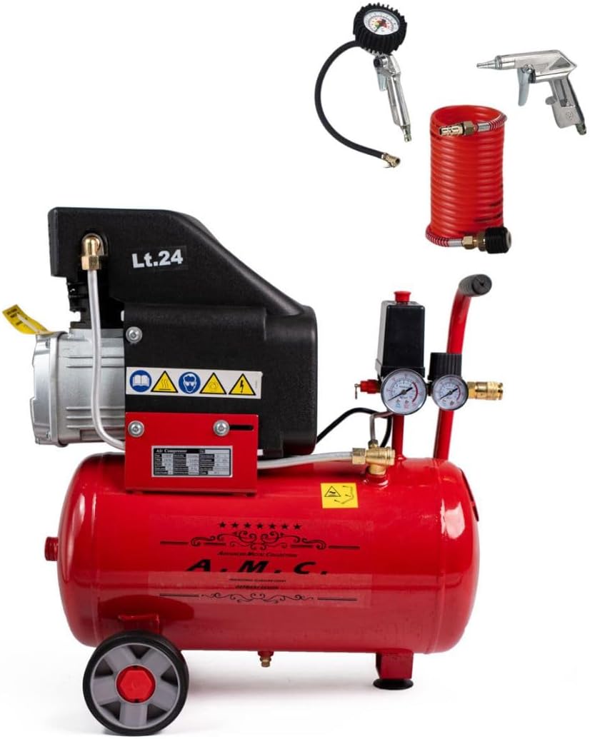 AMC Compressore ad aria pressione 8 bar elettrico coassiale 3 Hp incluso Kit Accessori motore potente termicamente silenziato protetto con Carcassa esterna in alluminio'