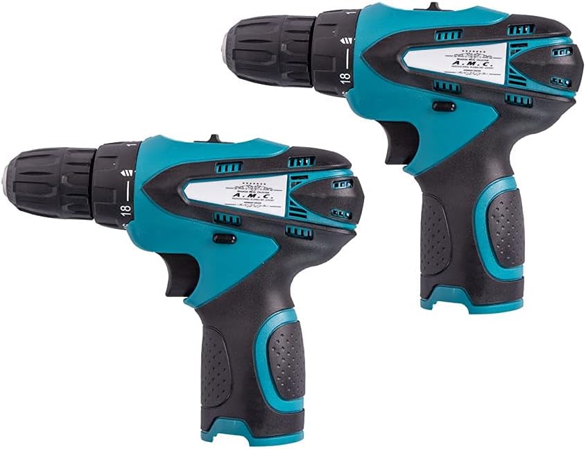 AMC Coppia di trapani avvitatore e tassellatore da 18 Volts doppia batteria a litio, caricabatteria e valigetta inclusa, mandrino autoserrante con impugnatura ergonomica e sistema antivibrante