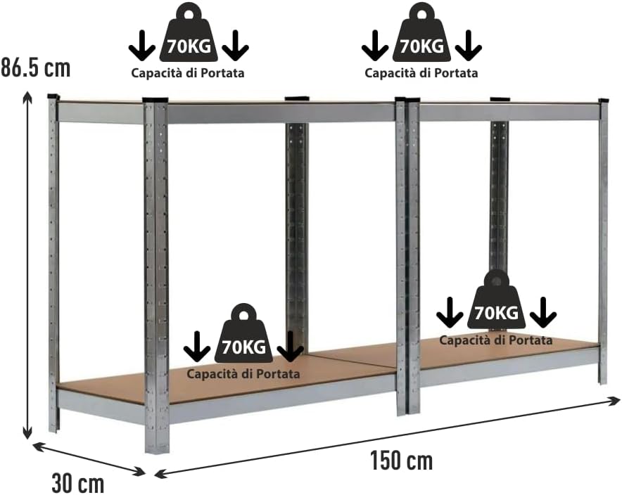 Robustes Regal aus verzinktem Metall, 4 Böden, Tragfähigkeit 280 kg, Regal für Garage, Speisekammer, Wäscherei, Büro