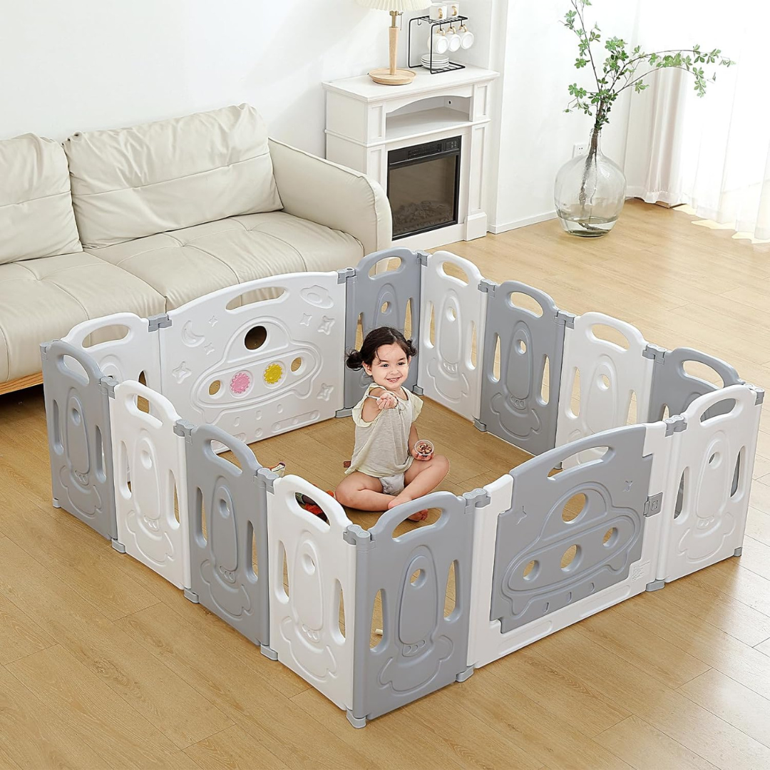 Gupamiga Zusammenklappbarer Baby-Laufstall, zusammenklappbarer Laufstall für Kinder, Baby-Aktivitätszentrum, Sicherheitsspiel, Hof, neues Zuhause, drinnen und draußen (faltbares Universum-Set, 14 Paneele)