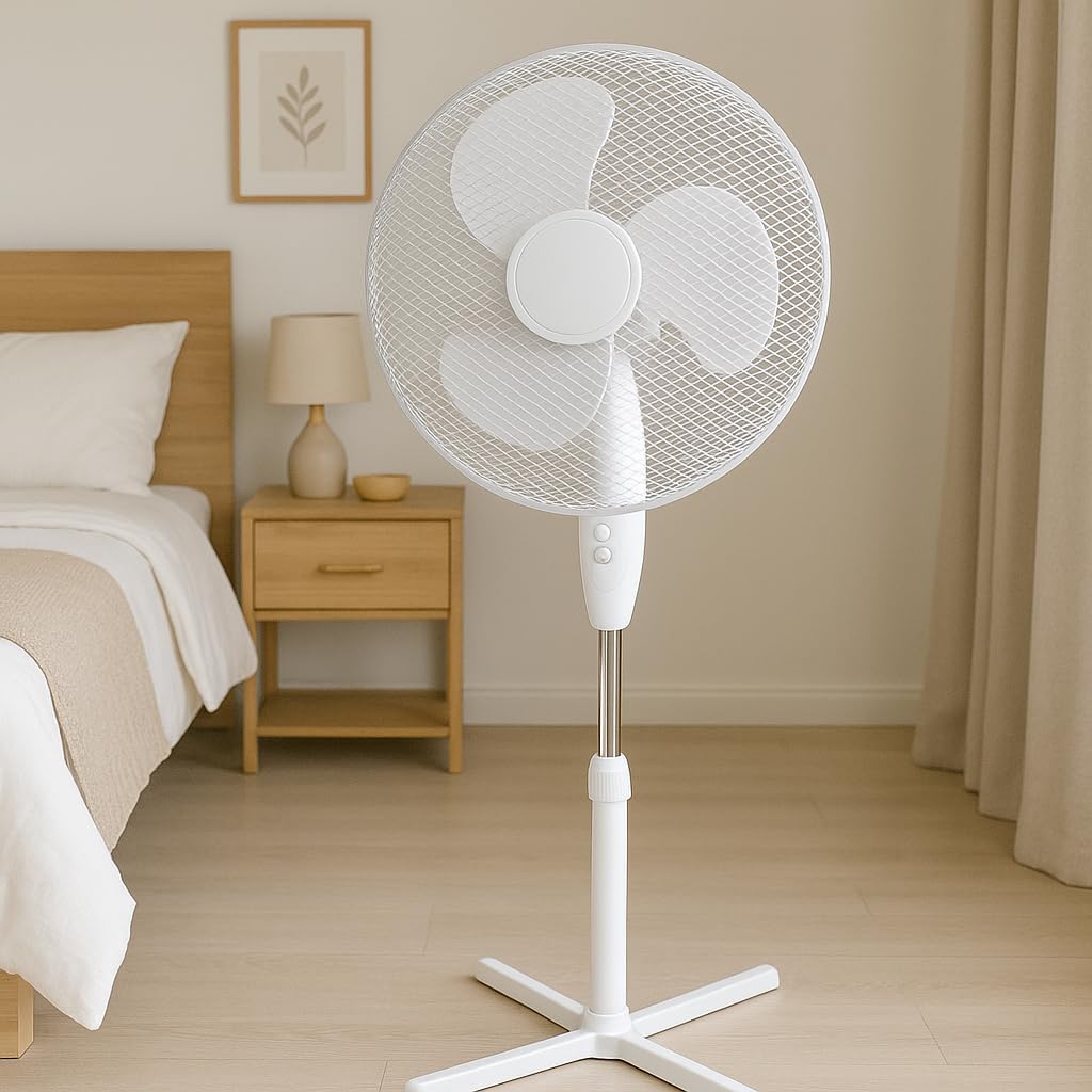 Ventilatore a Piantana 60W Bianco – Altezza Regolabile, 3 Velocità, Oscillazione Orizzontale, Diametro Pale 41 cm, Silenzioso e Potente