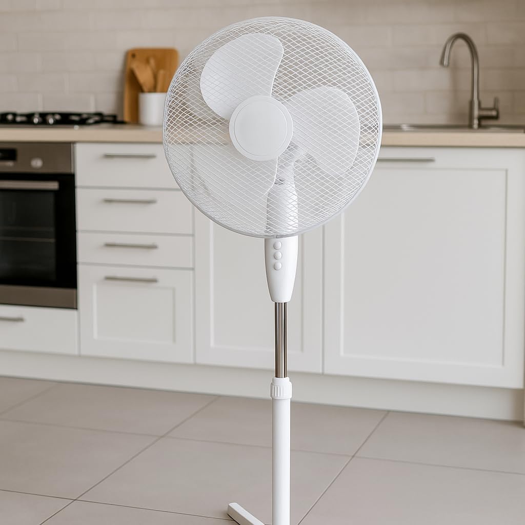 Ventilatore a Piantana 60W Bianco – Altezza Regolabile, 3 Velocità, Oscillazione Orizzontale, Diametro Pale 41 cm, Silenzioso e Potente