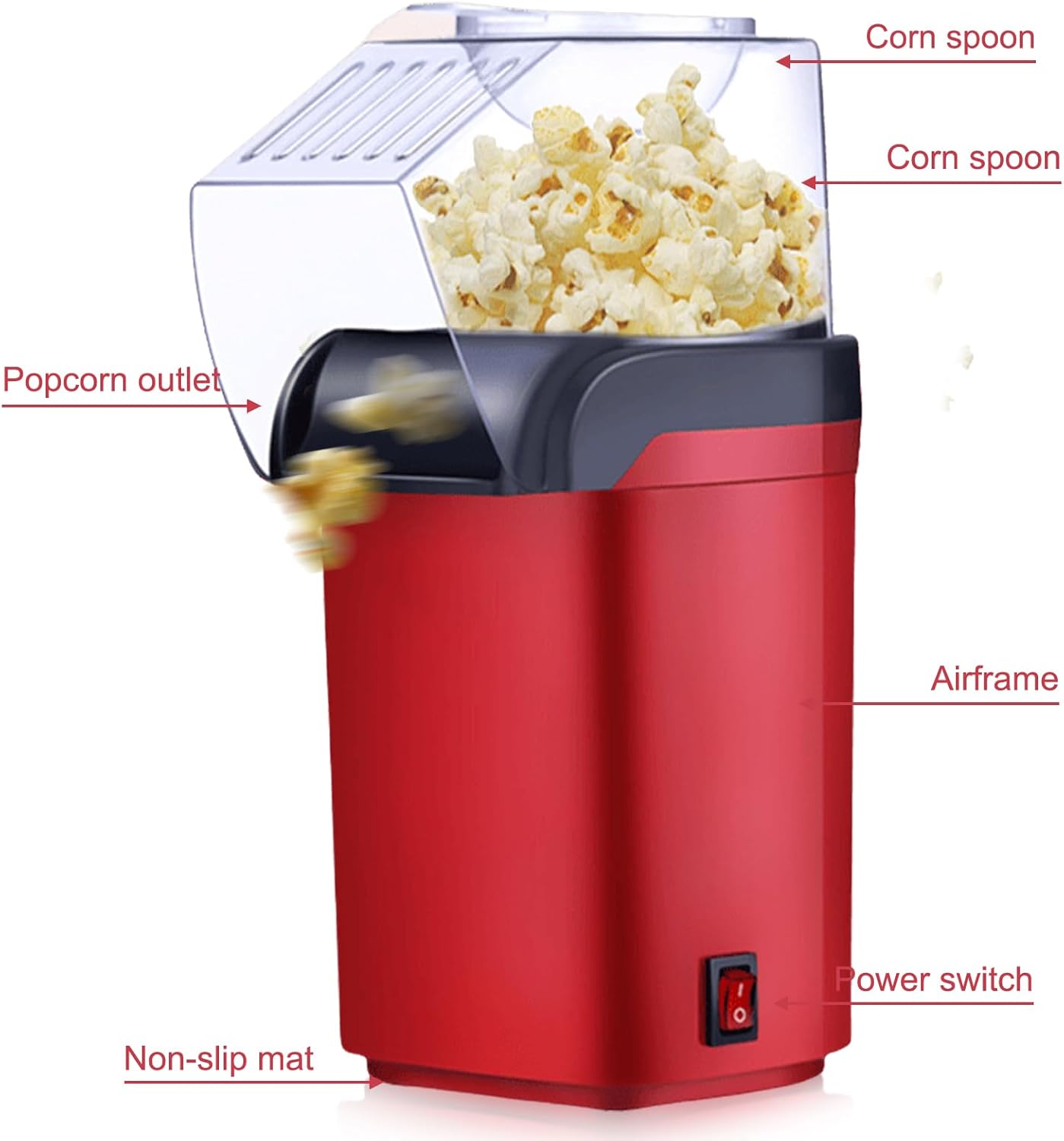 Mini macchina per popcorn ad aria calda, 1200 W, salutare, senza olio, grasso, 2 minuti, funzionamento one-touch, per casa, film, Natale, feste, serate di calcio