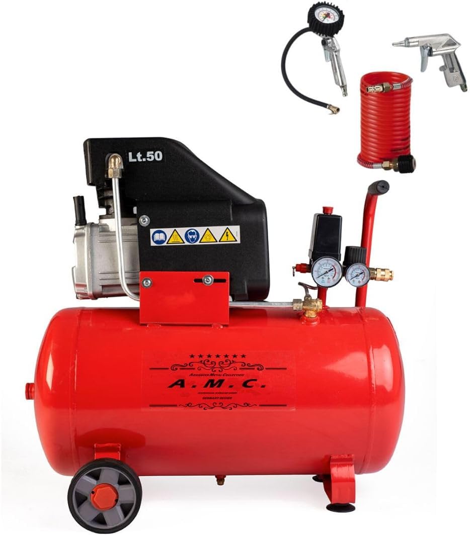 AMC Compressore ad aria pressione 8 bar elettrico coassiale 3 Hp incluso Kit Accessori motore potente termicamente silenziato protetto con Carcassa esterna in alluminio'