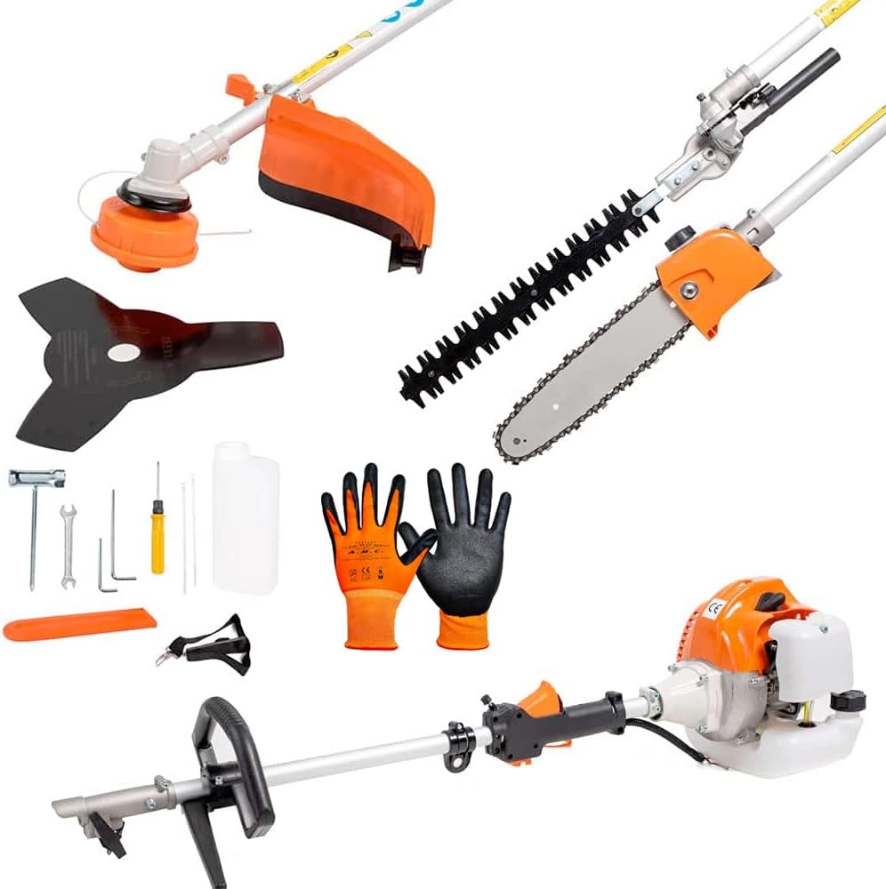 AMC Decespugliatore multifunzione a scoppio 5 in 1 tagliasiepi troncarami e motosega motore 52cc 2 tempi comprende testina doppio filo e disco tre denti acciaio
