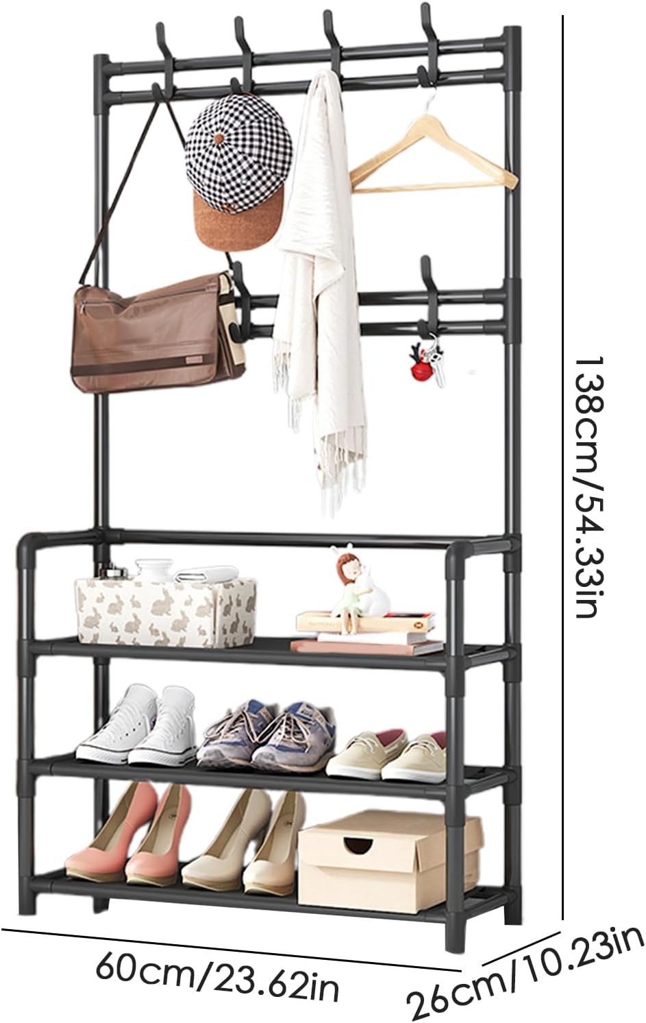 Appendiabiti da Ingresso con 3 Ripiani e 8 Ganci Scaffale Appendiabiti – Portabiti Salvaspazio in Metallo 152x60x26 cm, Scarpiera e Portaoggetti Multifunzionale, Facile da Montare