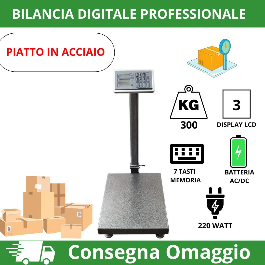 AMC Bilancia Digitale Elettronica Professionale 300 Kg Con Display bilancia industriale ricaricabile per utilizzarla in Negozio, Casa, Azienda o Attività ambulante