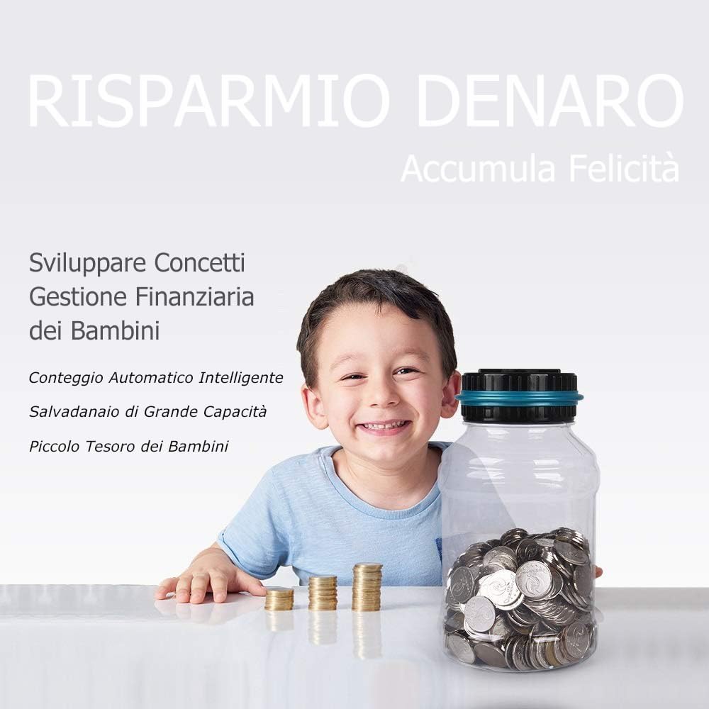 Salvadanaio Elettronico Digitale Trasparente con Display LCD, Grande Capacità da 1.8L Euro Contasoldi, Contamonete Apribile per Bambini e Ragazze, Gigante Contatore Monete Automatico per Adulti