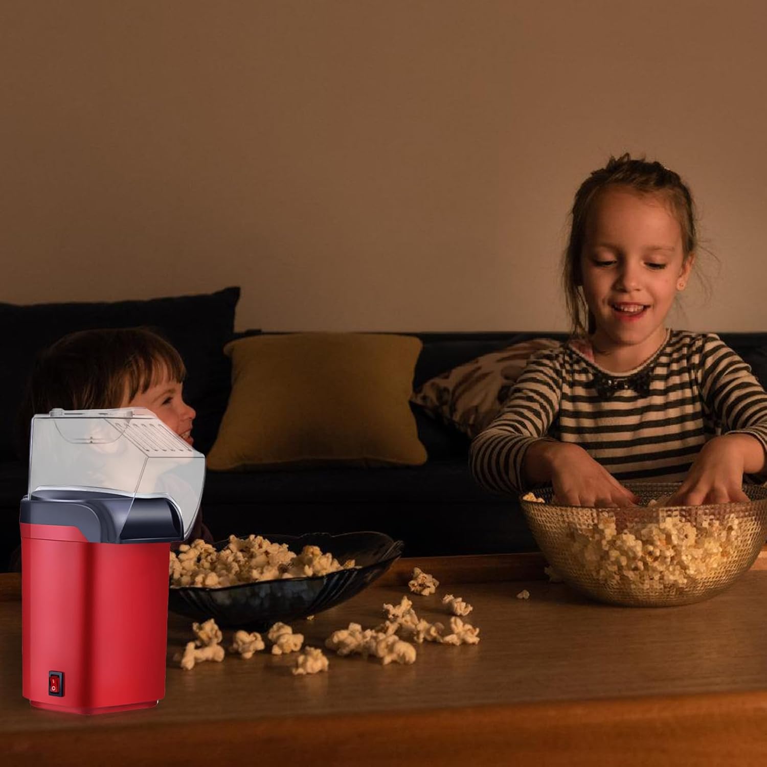 Mini macchina per popcorn ad aria calda, 1200 W, salutare, senza olio, grasso, 2 minuti, funzionamento one-touch, per casa, film, Natale, feste, serate di calcio