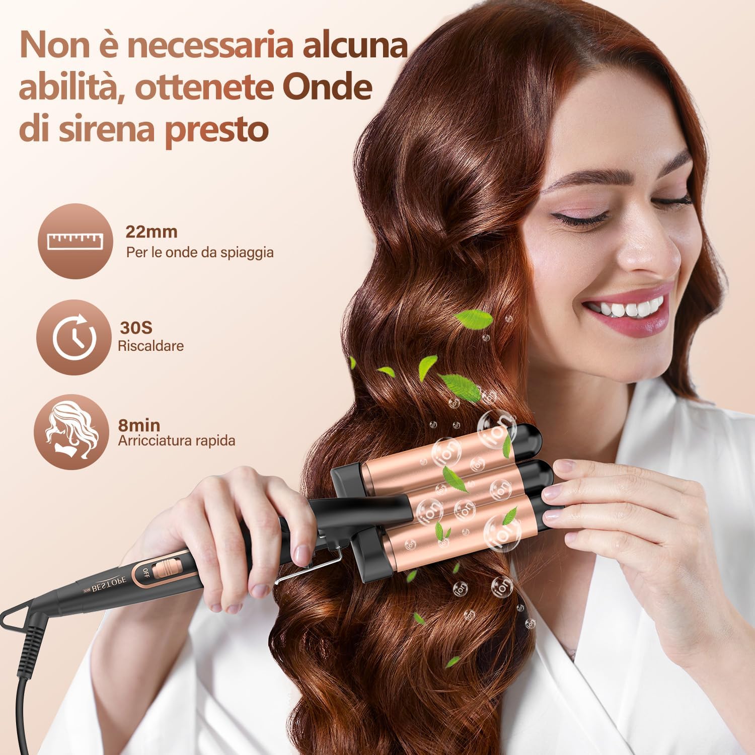 Arricciacapelli 3 barili Professionale Piastra Capelli Onde Bacchetta Ondulata Ferro Arricciacapelli 180℃-210℃ Temperatura Regolabile Piegatore per Capelli Canna Ceramica Cavo Girevole a 360 °