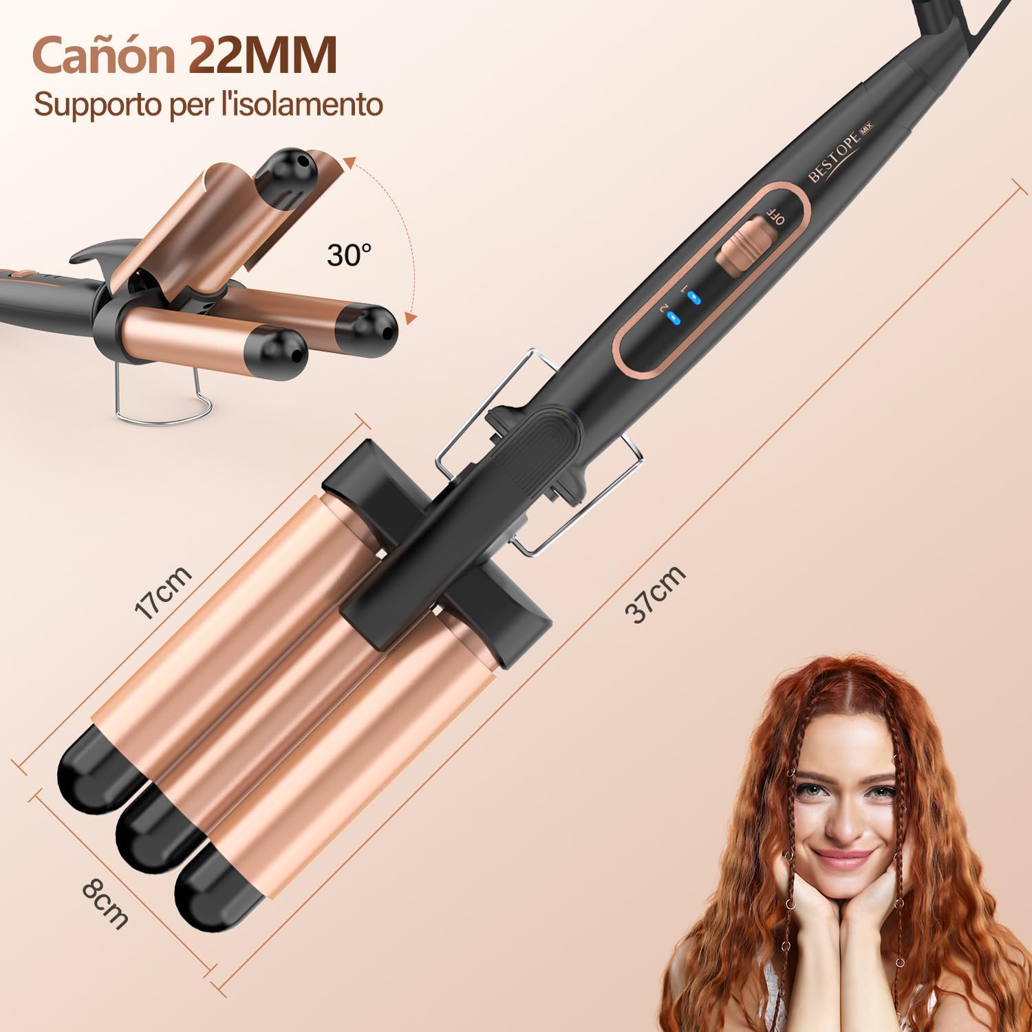 Arricciacapelli 3 barili Professionale Piastra Capelli Onde Bacchetta Ondulata Ferro Arricciacapelli 180℃-210℃ Temperatura Regolabile Piegatore per Capelli Canna Ceramica Cavo Girevole a 360 °