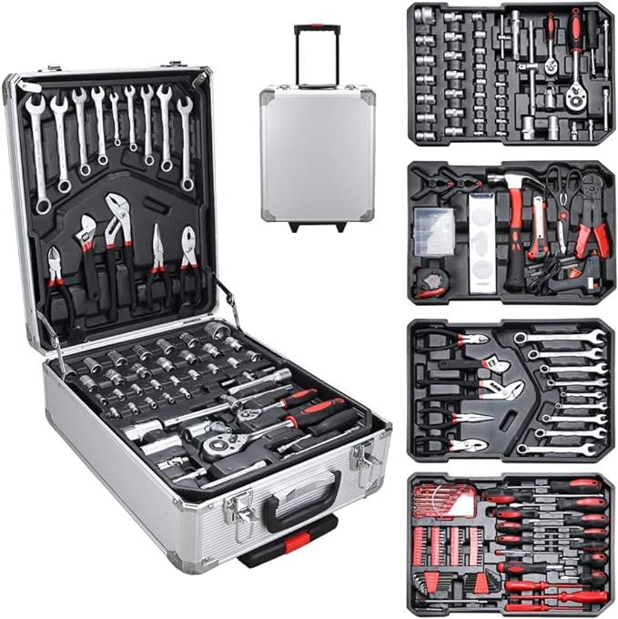 Trolley Set Attrezzi Utensili da Lavoro Professionali 399 pezzi Custodia Trolley Valigia 4 livelli Portattrezzi Cassetta Portautensili in Alluminio con Ruote e Manico Telescopico