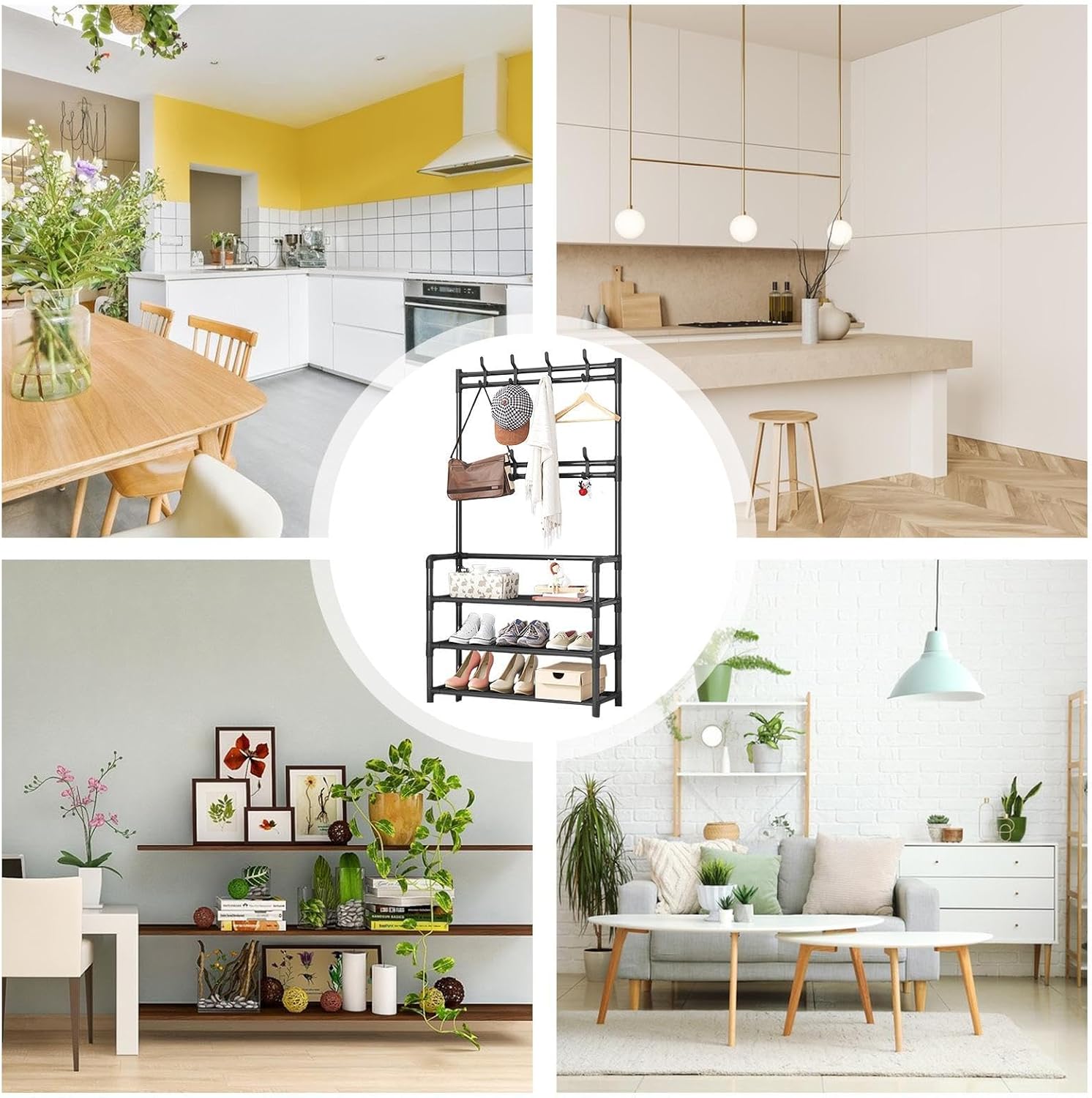 Appendiabiti da Ingresso con 3 Ripiani e 8 Ganci Scaffale Appendiabiti – Portabiti Salvaspazio in Metallo 152x60x26 cm, Scarpiera e Portaoggetti Multifunzionale, Facile da Montare