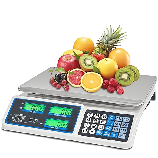Professionelle elektronische Tischwaage für Lebensmittel – Digitalwaage mit 7 Speichertasten und Edelstahlplatte und LCD-Bildschirm mit Preis