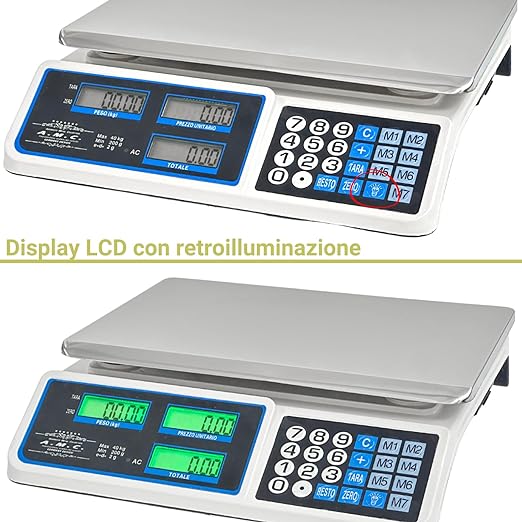 Bilancia Elettronica Professionale da Banco per Alimenti - Bilancia Digitale con 7 Tasti di Memoria e Piatto in Acciaio Inox e Schermo LCD con Prezzo