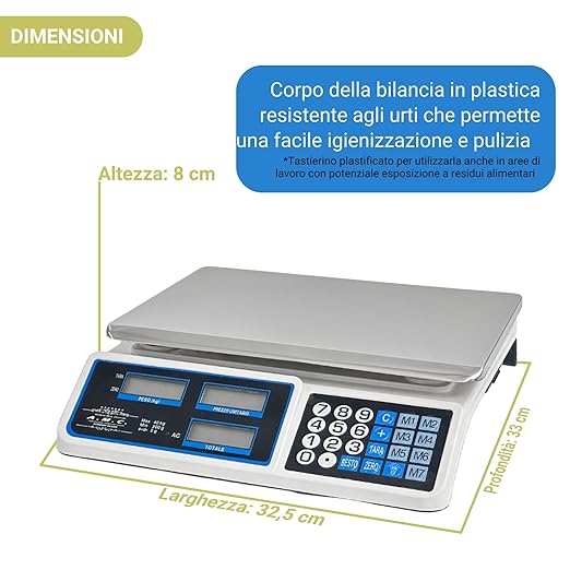 Bilancia Elettronica Professionale da Banco per Alimenti - Bilancia Digitale con 7 Tasti di Memoria e Piatto in Acciaio Inox e Schermo LCD con Prezzo