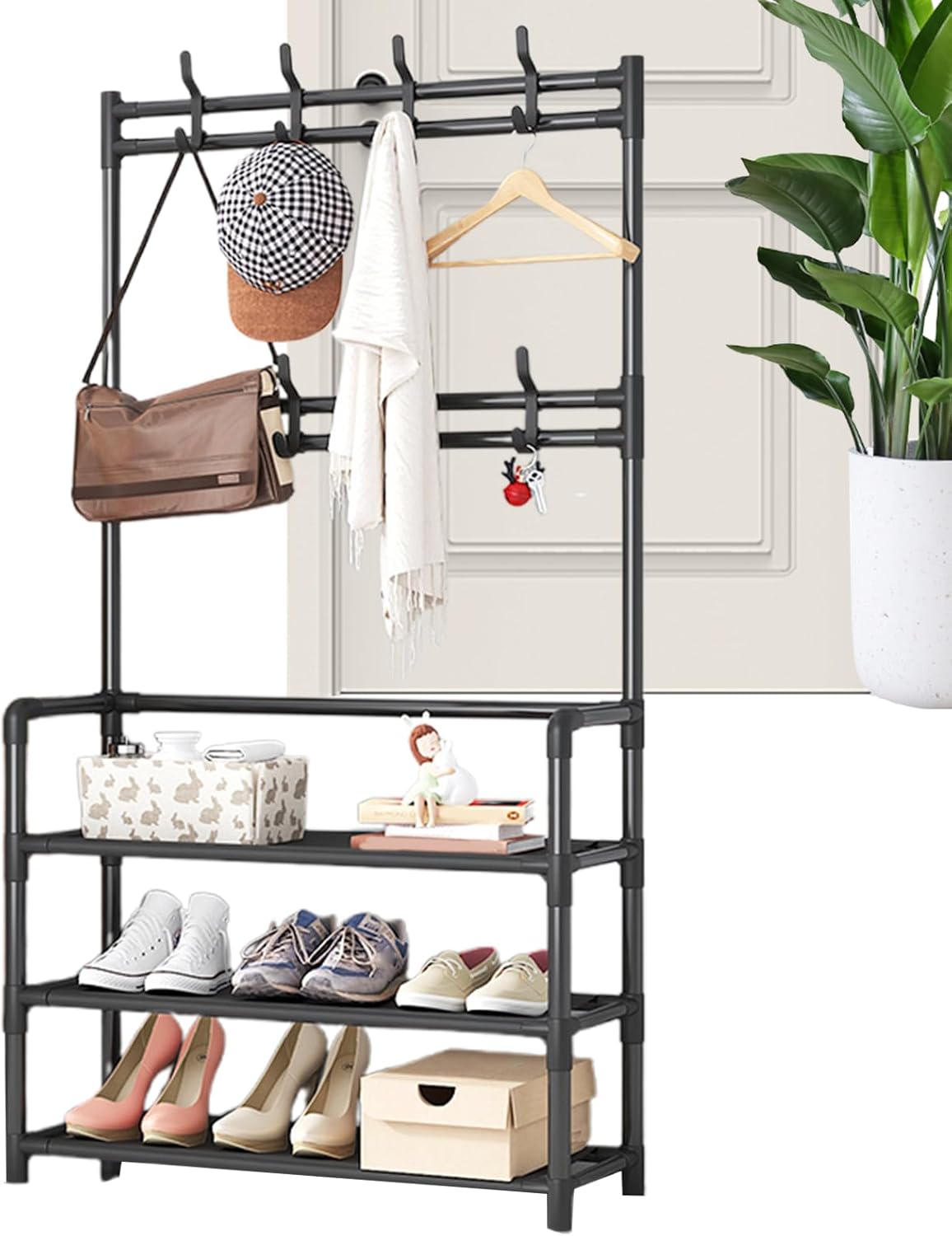 Appendiabiti da Ingresso con 3 Ripiani e 8 Ganci Scaffale Appendiabiti – Portabiti Salvaspazio in Metallo 152x60x26 cm, Scarpiera e Portaoggetti Multifunzionale, Facile da Montare