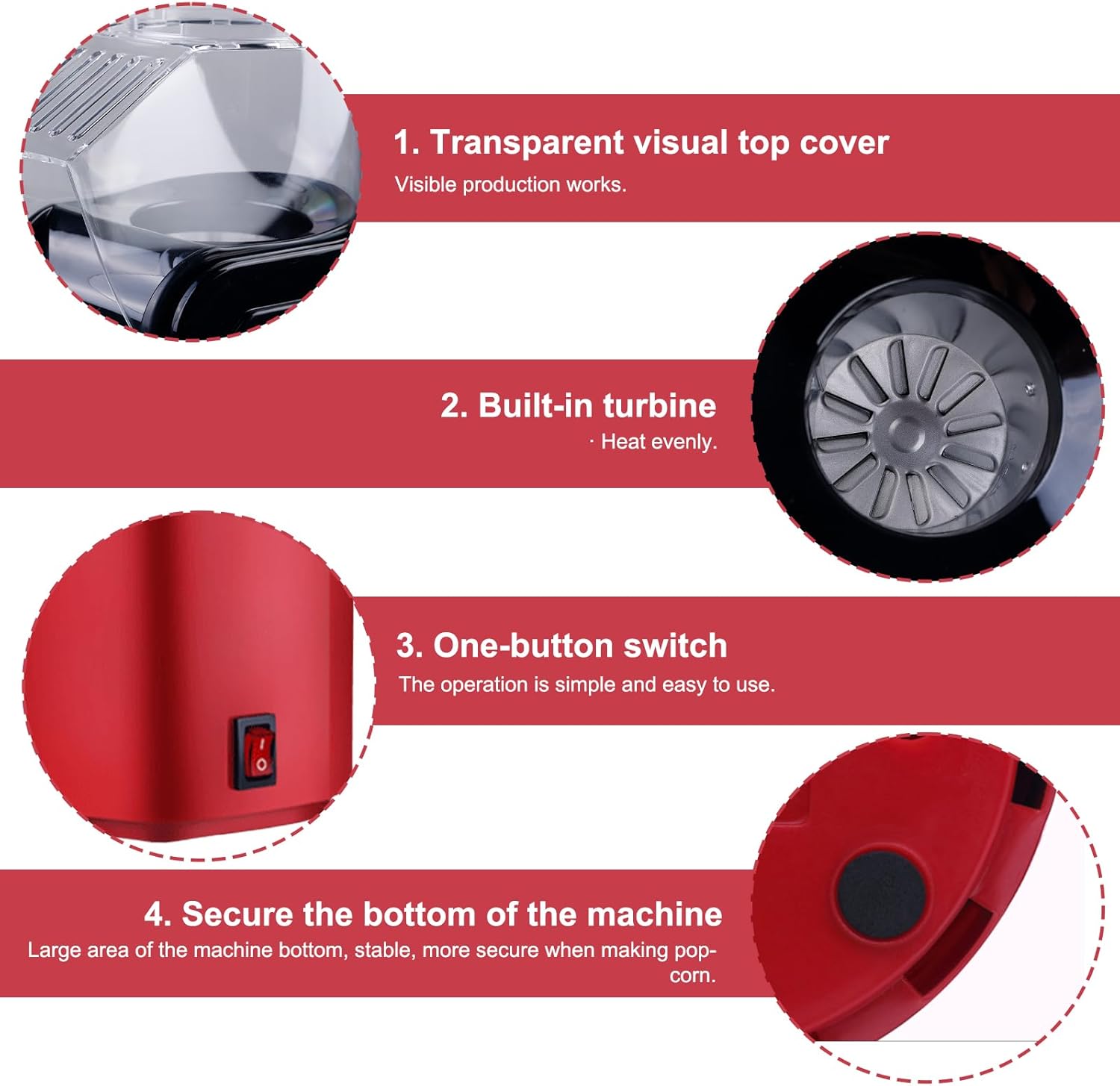 Mini macchina per popcorn ad aria calda, 1200 W, salutare, senza olio, grasso, 2 minuti, funzionamento one-touch, per casa, film, Natale, feste, serate di calcio