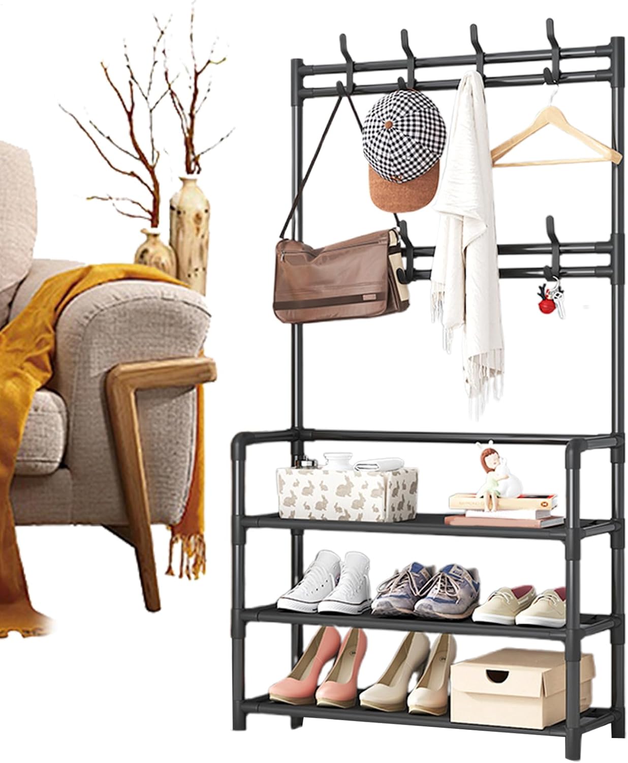 Appendiabiti da Ingresso con 3 Ripiani e 8 Ganci Scaffale Appendiabiti – Portabiti Salvaspazio in Metallo 152x60x26 cm, Scarpiera e Portaoggetti Multifunzionale, Facile da Montare