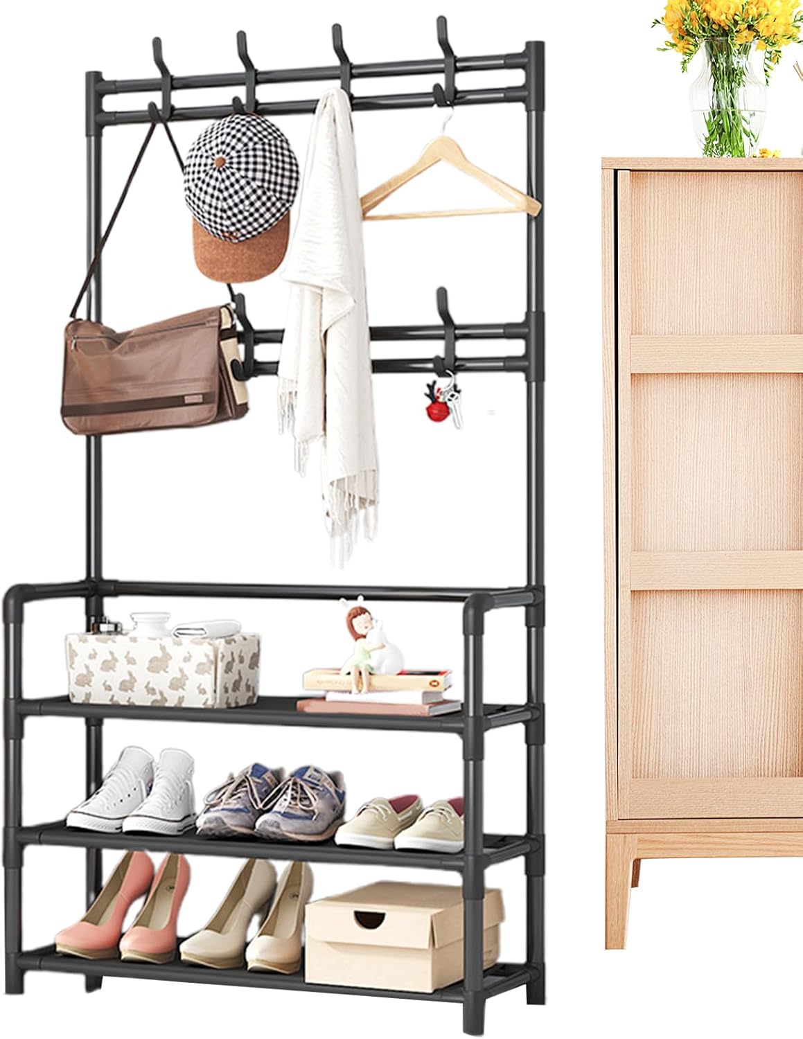 Appendiabiti da Ingresso con 3 Ripiani e 8 Ganci Scaffale Appendiabiti – Portabiti Salvaspazio in Metallo 152x60x26 cm, Scarpiera e Portaoggetti Multifunzionale, Facile da Montare