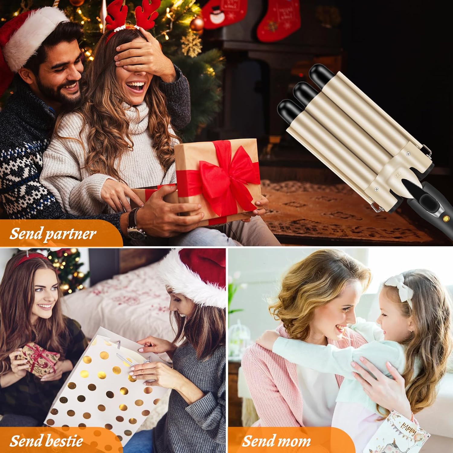 Arricciacapelli 3 barili Professionale Piastra Capelli Onde Bacchetta Ondulata Ferro Arricciacapelli 180℃-210℃ Temperatura Regolabile Piegatore per Capelli Canna Ceramica Cavo Girevole a 360 °