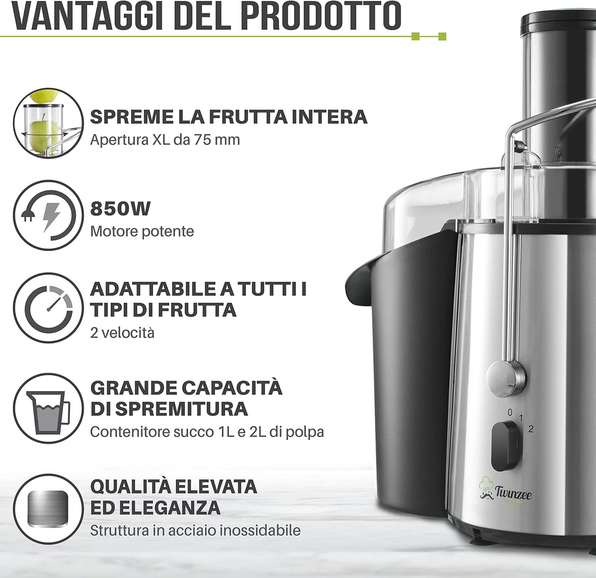 Centrifuga Frutta e Verdura Professionale - Centrifugatore Estrattore, Grande Potenza 850W e 2 velocità - Centrifughe Estratti e Succhi Rigeneranti Apertura Larga 75mm, Base Anti-Scivolo