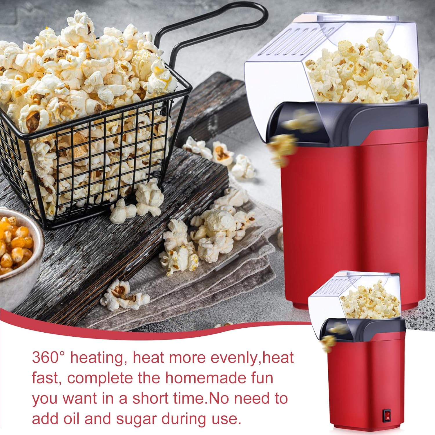 Mini macchina per popcorn ad aria calda, 1200 W, salutare, senza olio, grasso, 2 minuti, funzionamento one-touch, per casa, film, Natale, feste, serate di calcio