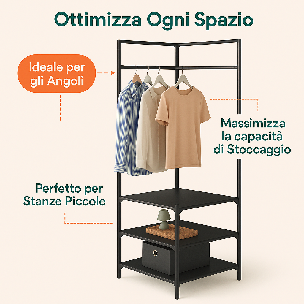 Generico Appendiabiti Angolare con 3 Ripiani – Struttura in Metallo Resistente, Design Salvaspazio 180x45x45 cm, Portabiti con Asta e Mensole Portaoggetti, Portata 5 kg per Ripiano