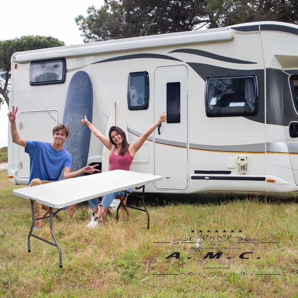 Tavolo Pieghevole Portatile salvaspazio | Tavolo richiudibile | Tavolo da campeggio con Sistema di Blocco di Sicurezza, Fino a 6 Persone - 180x75x74 cm (Bianco)