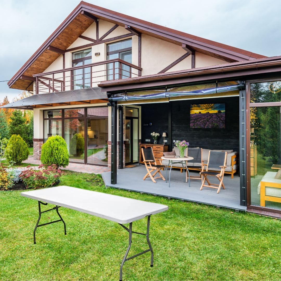 Tavolo Pieghevole Portatile salvaspazio | Tavolo richiudibile | Tavolo da campeggio con Sistema di Blocco di Sicurezza, Fino a 6 Persone - 180x75x74 cm (Bianco)