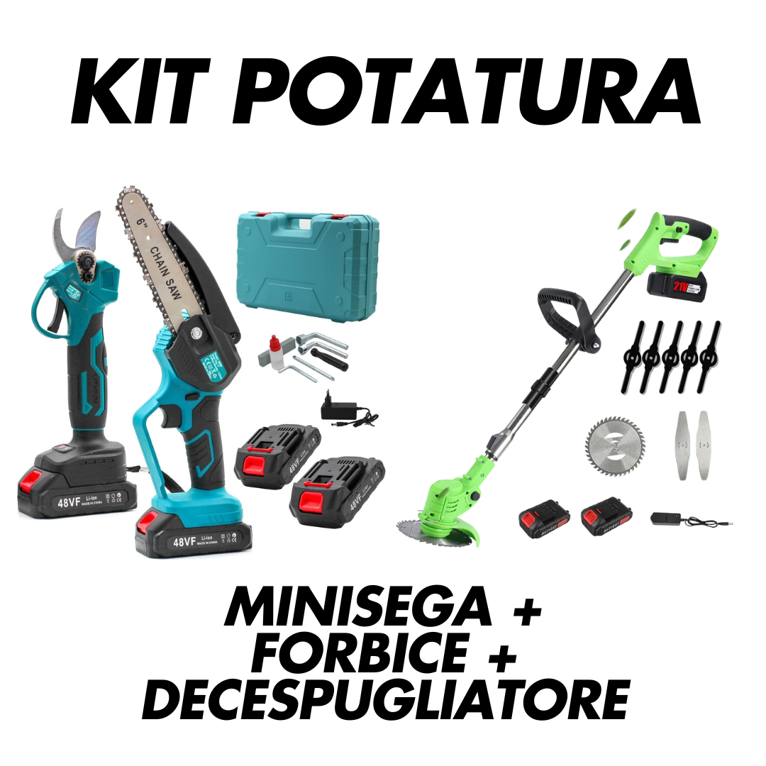 KIT 3 IN 1 DECESPUGLIATORE + MOTOSEGA + FORBICI + 4 BATTERIE 48VF
