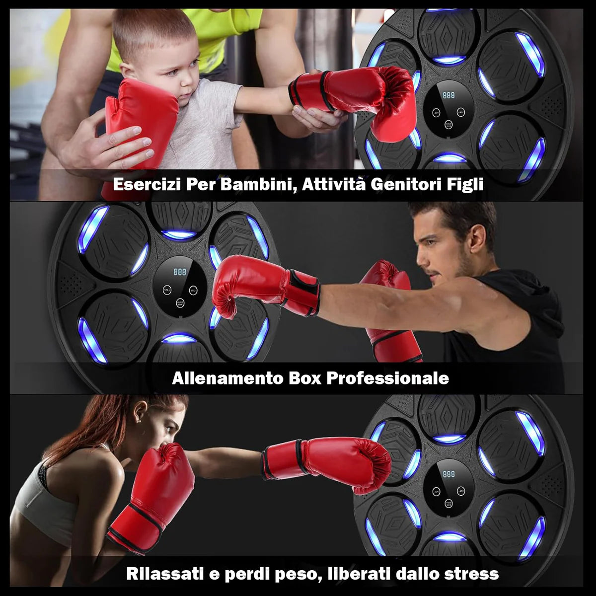 Smart Boxing Machine Con Luci E Musica Bluetooth - Set Da 3 Pezzi Con Guanti Per Bambini (Allenamento Elettronico Interattivo)