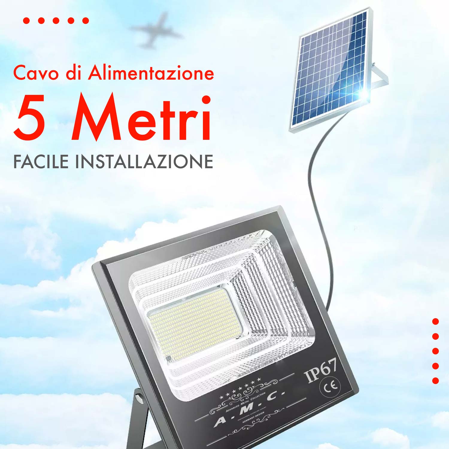 Faro a led, pannello solare con sensore crepuscolare e telecomando, IP 67