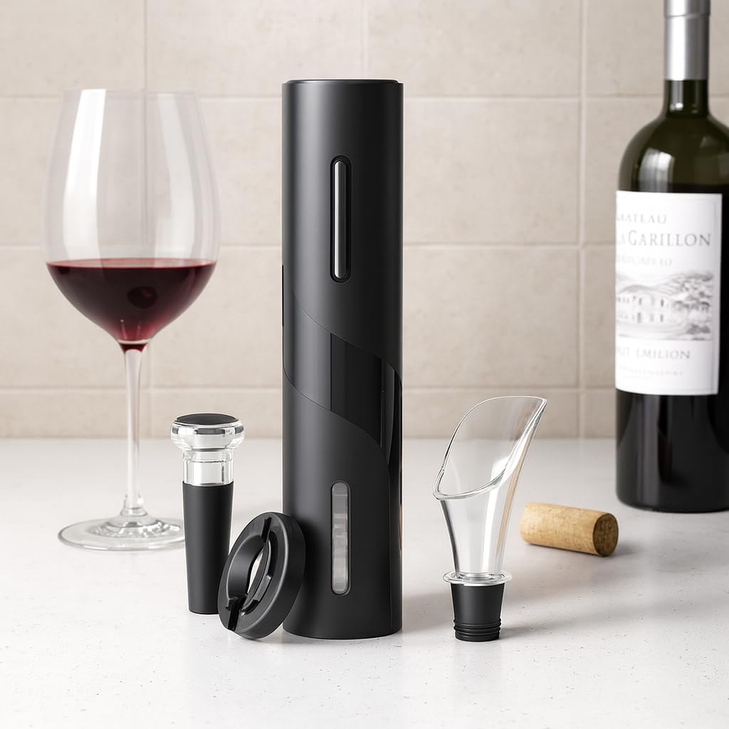 Set Apribottiglie Elettrico per Vino 4 in 1 – Apribottiglie Automatico, Tagliacapsule, Beccuccio Versatore, Tappo Sottovuoto – Elegante Design Nero Opaco