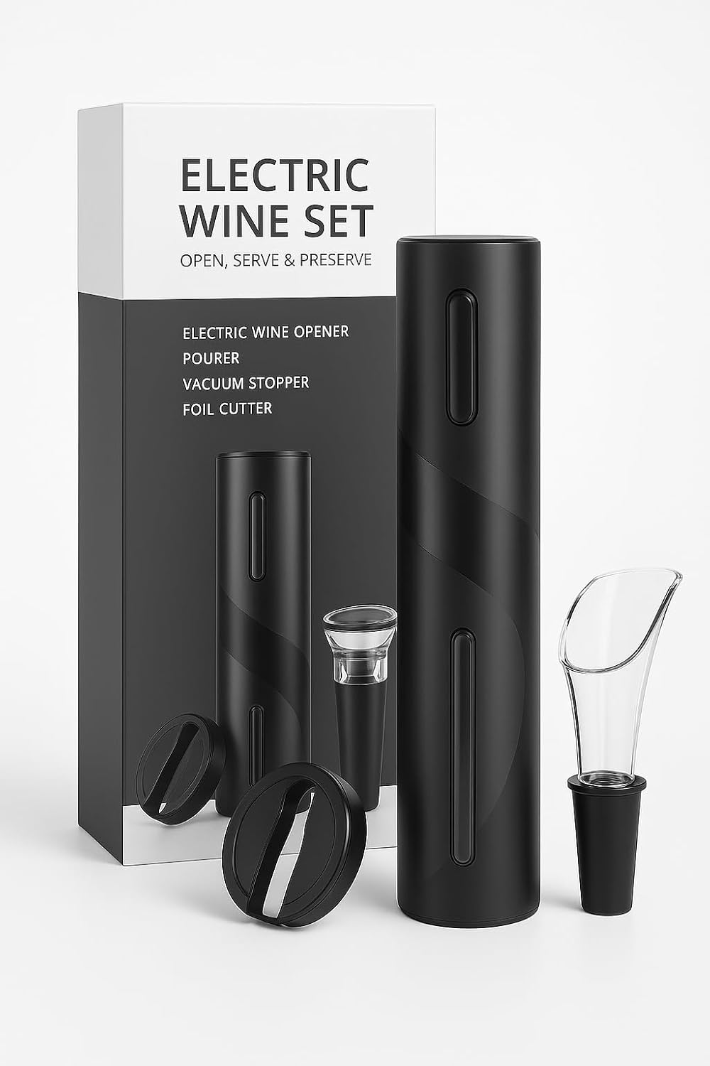 Set Apribottiglie Elettrico per Vino 4 in 1 – Apribottiglie Automatico, Tagliacapsule, Beccuccio Versatore, Tappo Sottovuoto – Elegante Design Nero Opaco