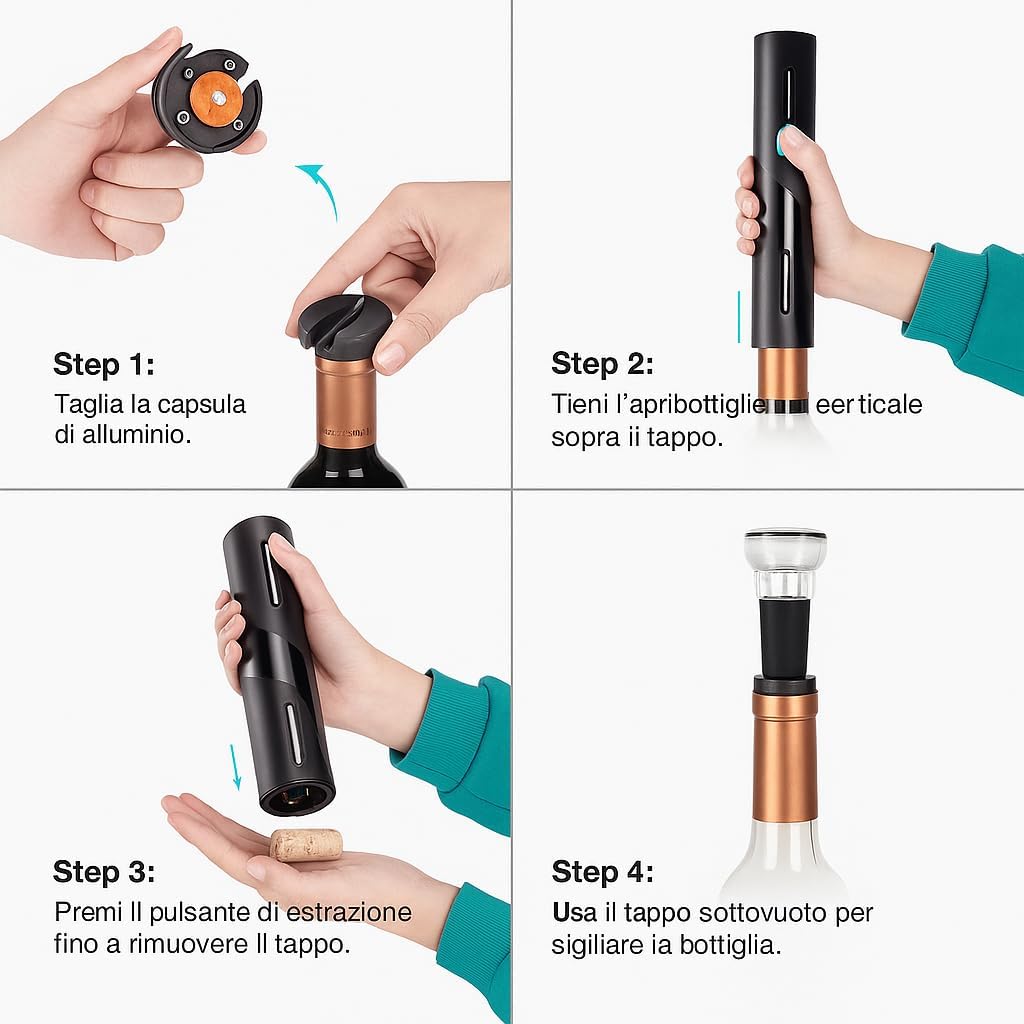 Set Apribottiglie Elettrico per Vino 4 in 1 – Apribottiglie Automatico, Tagliacapsule, Beccuccio Versatore, Tappo Sottovuoto – Elegante Design Nero Opaco