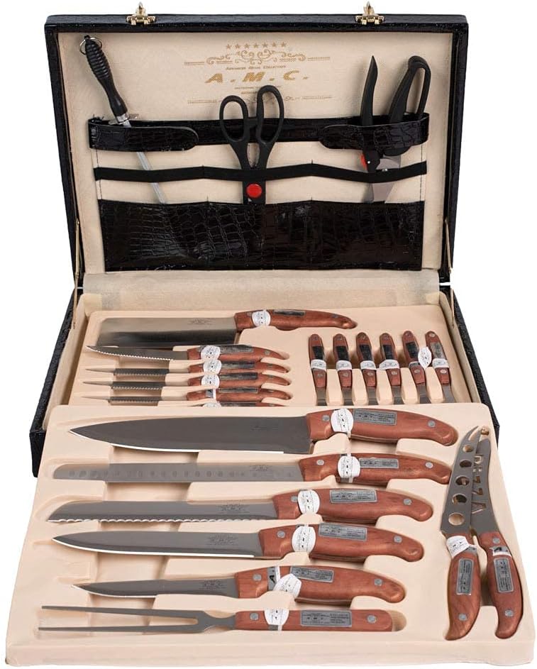 AMC Set di posate ed accessori da 24 pezzi realizzati in acciaio inox 18/10 lucido con manici manici in legno elegante