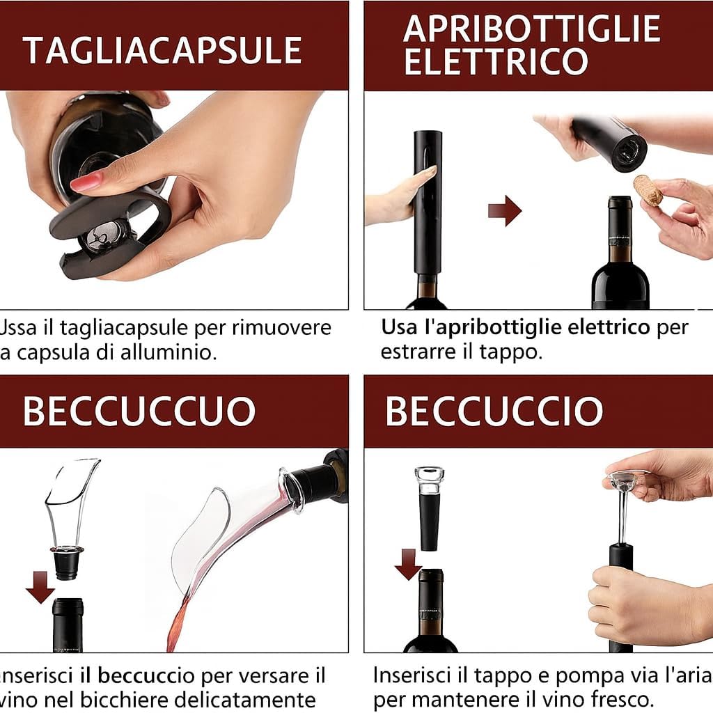 Set Apribottiglie Elettrico per Vino 4 in 1 – Apribottiglie Automatico, Tagliacapsule, Beccuccio Versatore, Tappo Sottovuoto – Elegante Design Nero Opaco