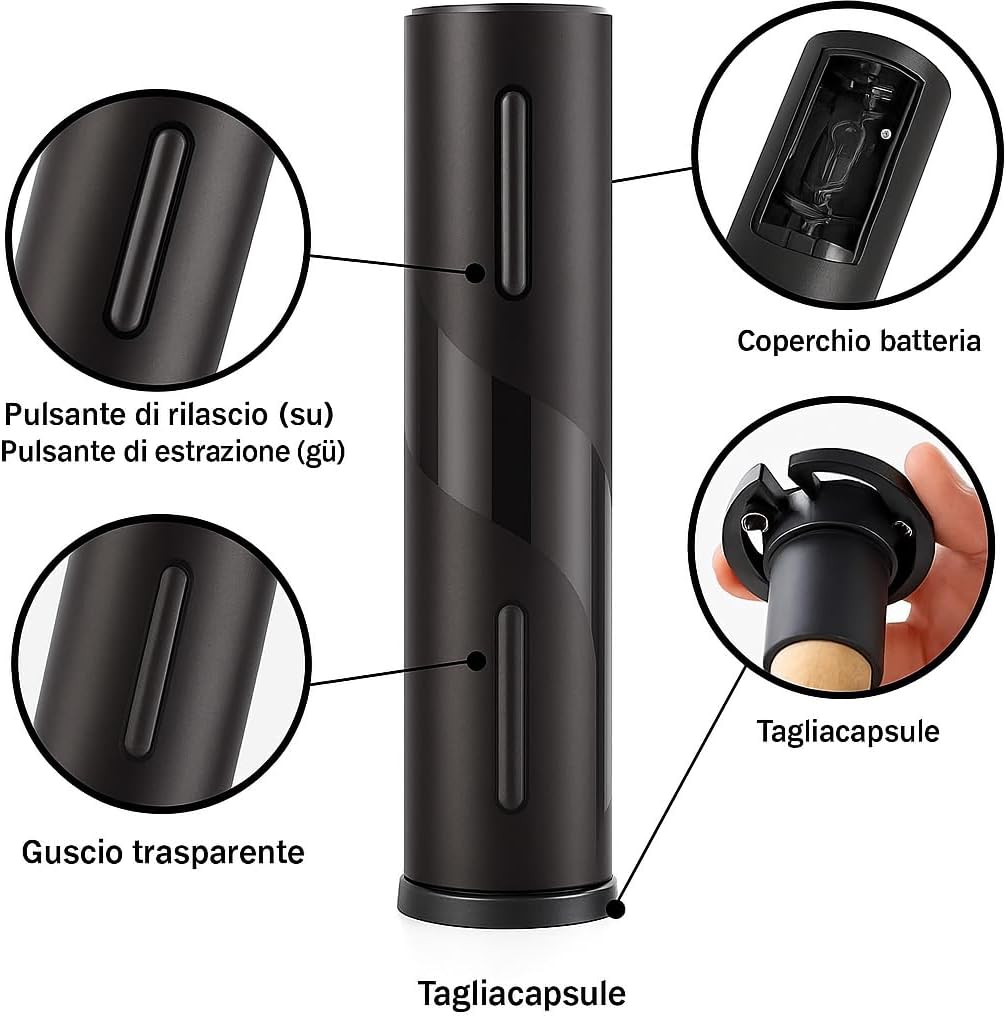 Set Apribottiglie Elettrico per Vino 4 in 1 – Apribottiglie Automatico, Tagliacapsule, Beccuccio Versatore, Tappo Sottovuoto – Elegante Design Nero Opaco