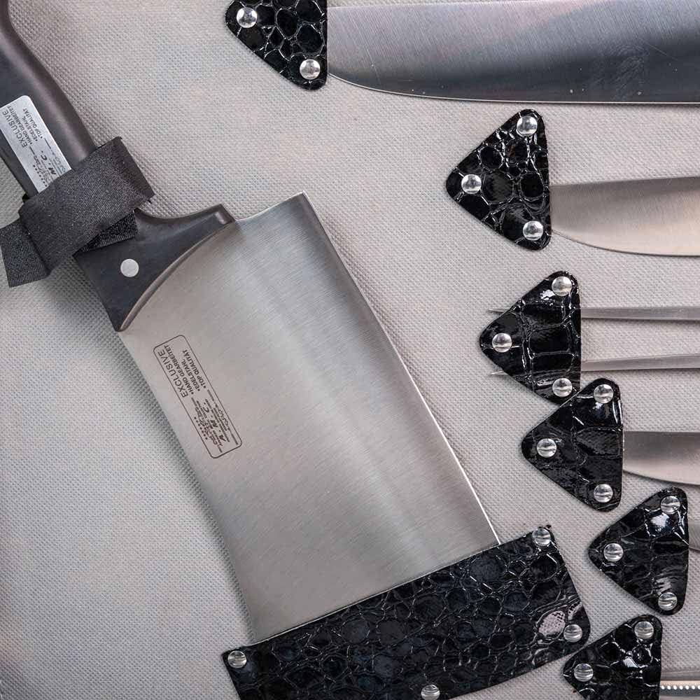 AMC Set di coltelli da cucina da 12 pezzi acciaio inox e manico ergonomico rivettato, set coltelli barbecue e lama affilata design tedesco superficie antibatterica con valigetta elegante, idea regalo