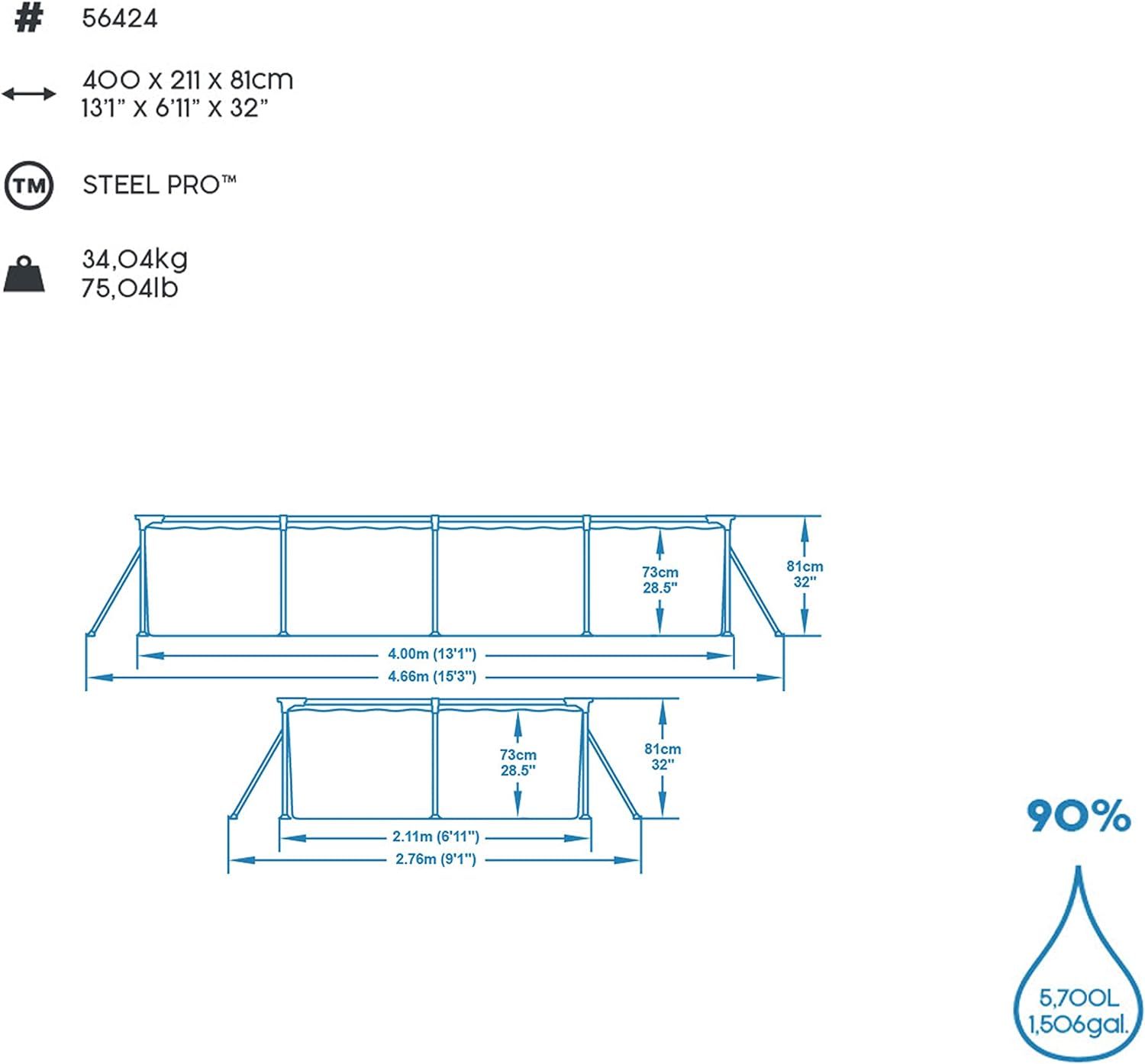 BESTWAY Piscina Steel Pro con telaio in acciaio, da 400x211x81 cm