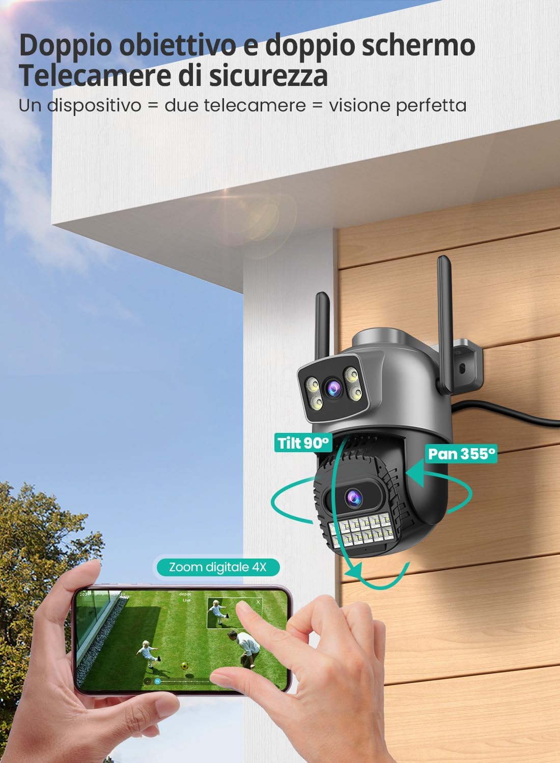 Telecamera di Sicurezza con tripla Camera 4K con RILEVAMENTO INTELLIGENTE