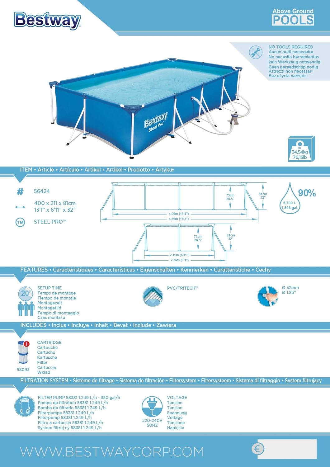 BESTWAY Piscina Steel Pro con telaio in acciaio, da 400x211x81 cm