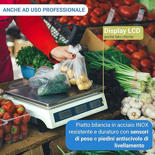 Bilancia Elettronica Professionale da Banco per Alimenti - Bilancia Digitale con 7 Tasti di Memoria e Piatto in Acciaio Inox e Schermo LCD con Prezzo