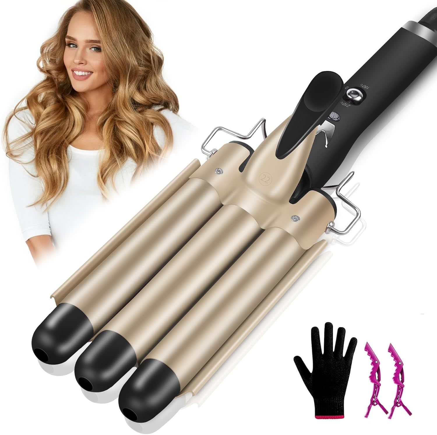 Arricciacapelli 3 barili Professionale Piastra Capelli Onde Bacchetta Ondulata Ferro Arricciacapelli 180℃-210℃ Temperatura Regolabile Piegatore per Capelli Canna Ceramica Cavo Girevole a 360 °