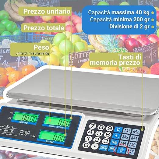 Bilancia Elettronica Professionale da Banco per Alimenti - Bilancia Digitale con 7 Tasti di Memoria e Piatto in Acciaio Inox e Schermo LCD con Prezzo