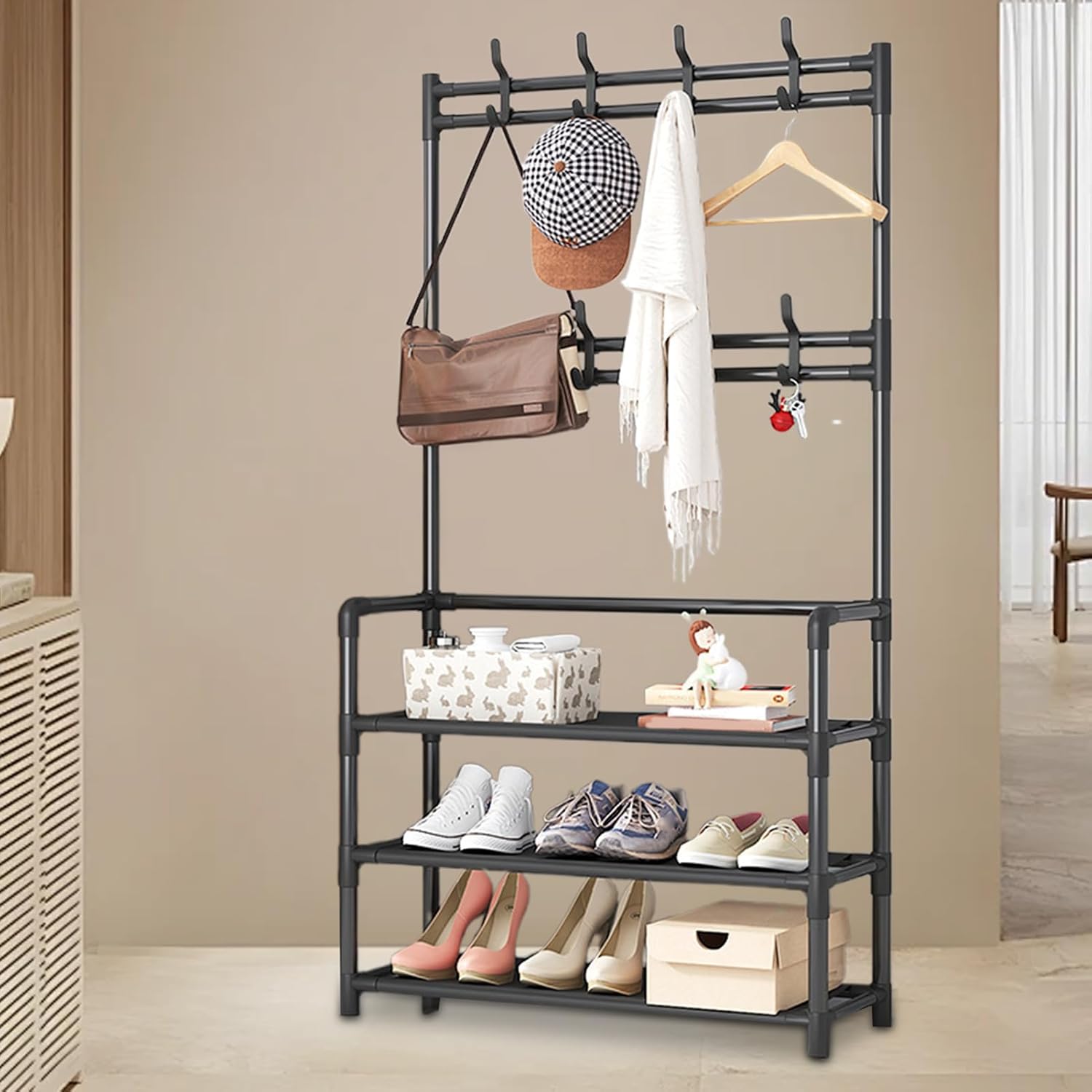 Appendiabiti da Ingresso con 3 Ripiani e 8 Ganci Scaffale Appendiabiti – Portabiti Salvaspazio in Metallo 152x60x26 cm, Scarpiera e Portaoggetti Multifunzionale, Facile da Montare