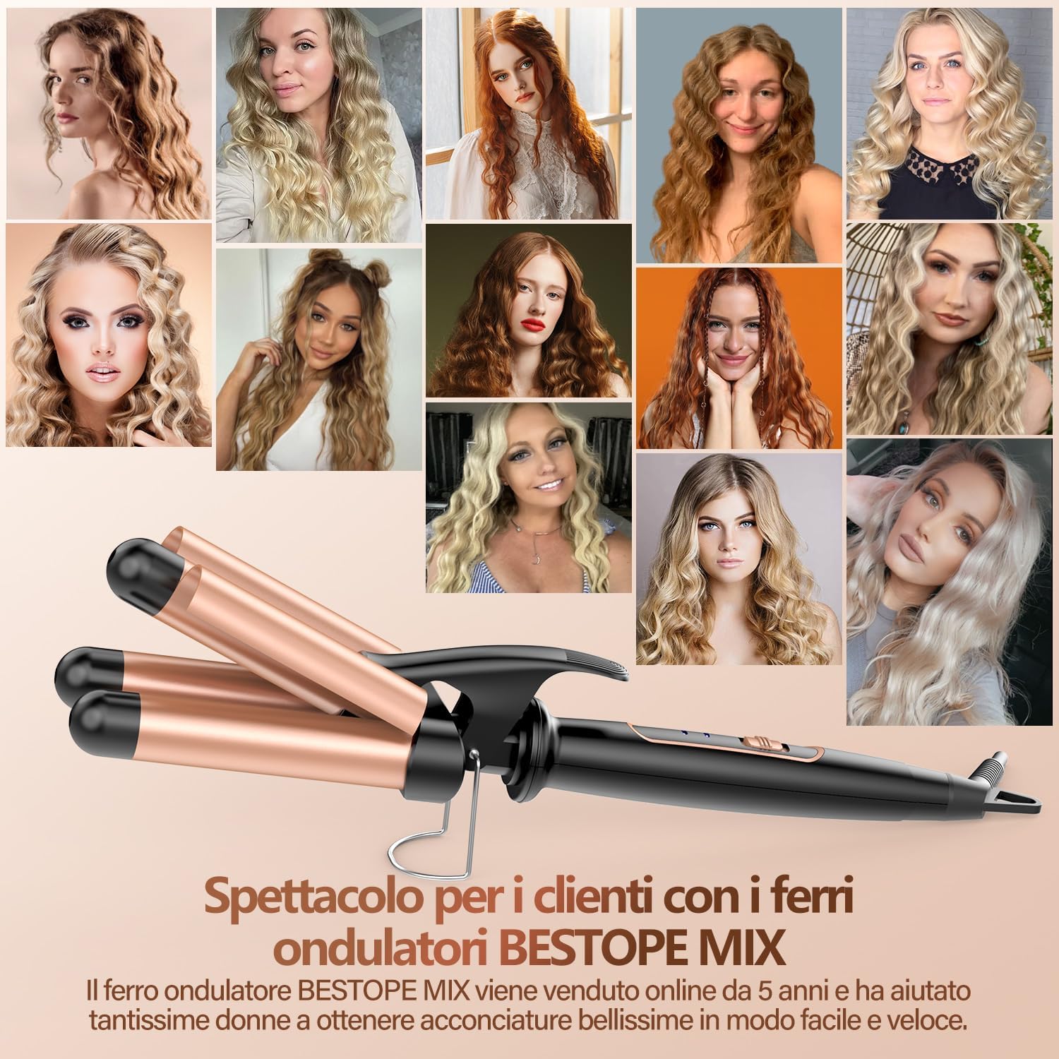 Arricciacapelli 3 barili Professionale Piastra Capelli Onde Bacchetta Ondulata Ferro Arricciacapelli 180℃-210℃ Temperatura Regolabile Piegatore per Capelli Canna Ceramica Cavo Girevole a 360 °