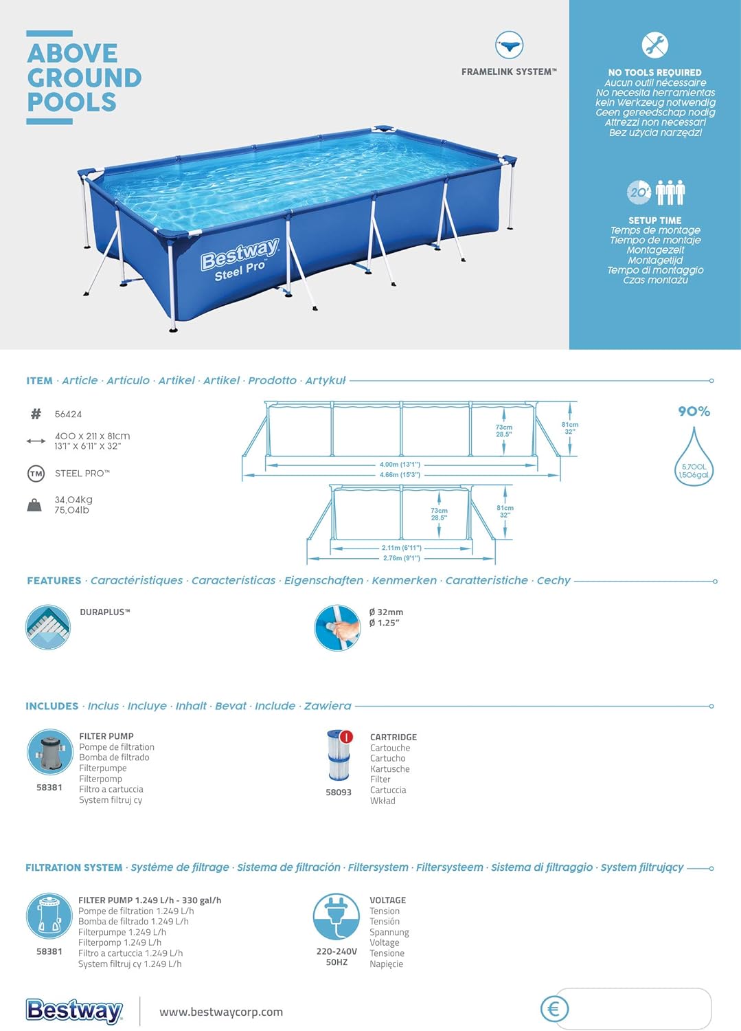 BESTWAY Piscina Steel Pro con telaio in acciaio, da 400x211x81 cm